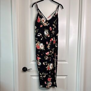 nine britton Black Floral Midi Dress with Pink & White Blooms
